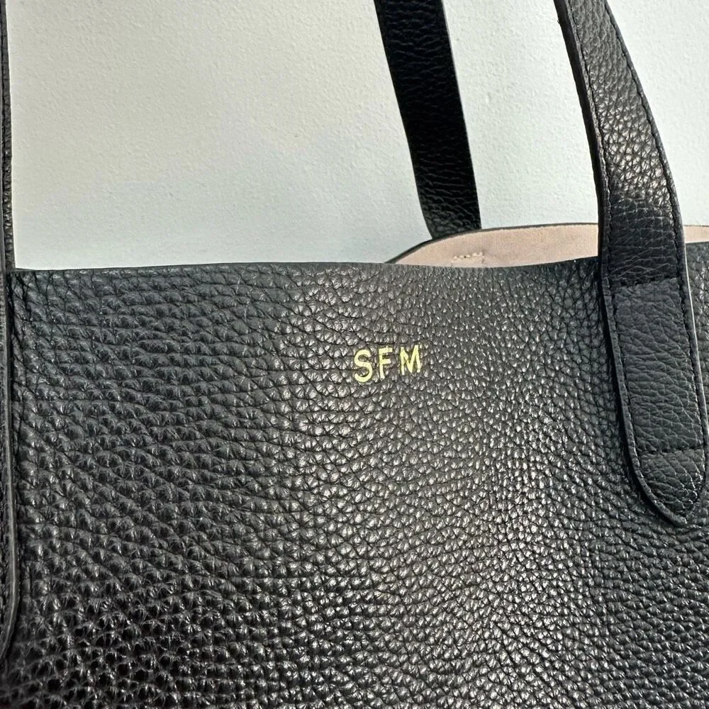 Cuyana Classic Structured Black Italian Pebbled Leather SFM Monogrammed Tote